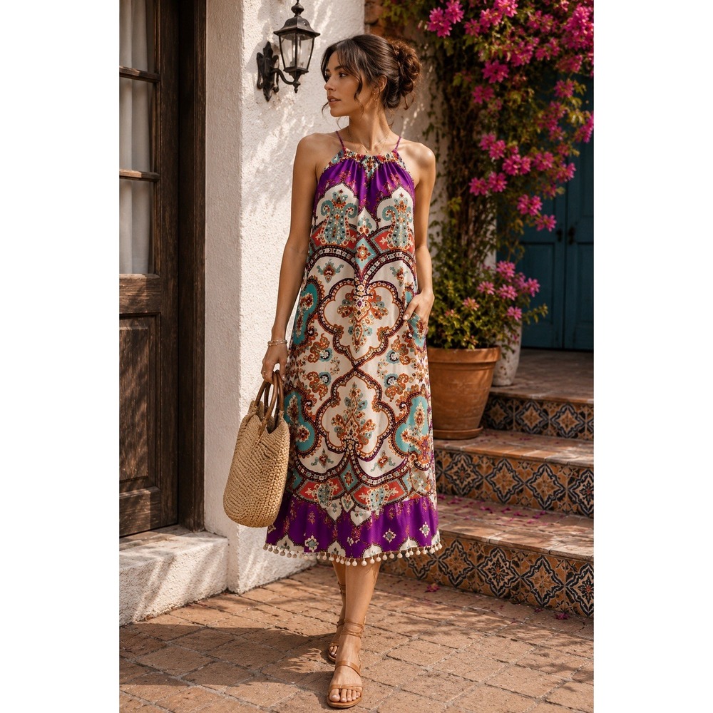 Boho Paisley Halter Midi Dress Pom Pom Trim Purple Ivory Resort Vacation Size 4